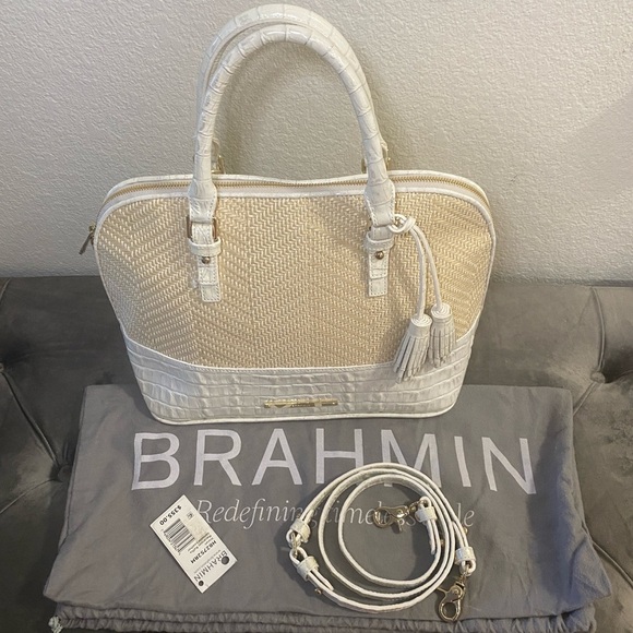 Like New & Rare Brahmin Vivian Macaroon Raffia Croc Embossed Genuine Leather Bag - Picture 1 of 16
